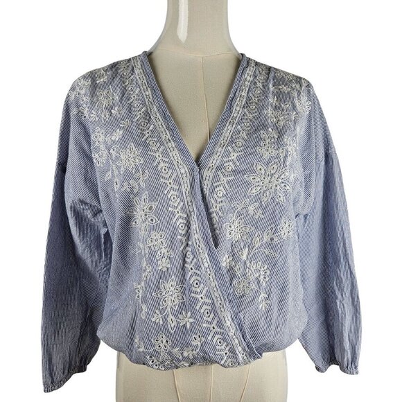 Chloe & Katie Blue Medium Striped Boho  Cottagecore Embroidered Wrap Top - Picture 1 of 10